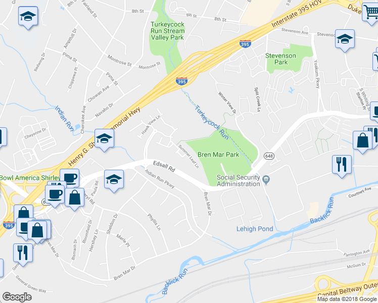 map of restaurants, bars, coffee shops, grocery stores, and more near 5421 Summer Leaf Lane in Alexandria