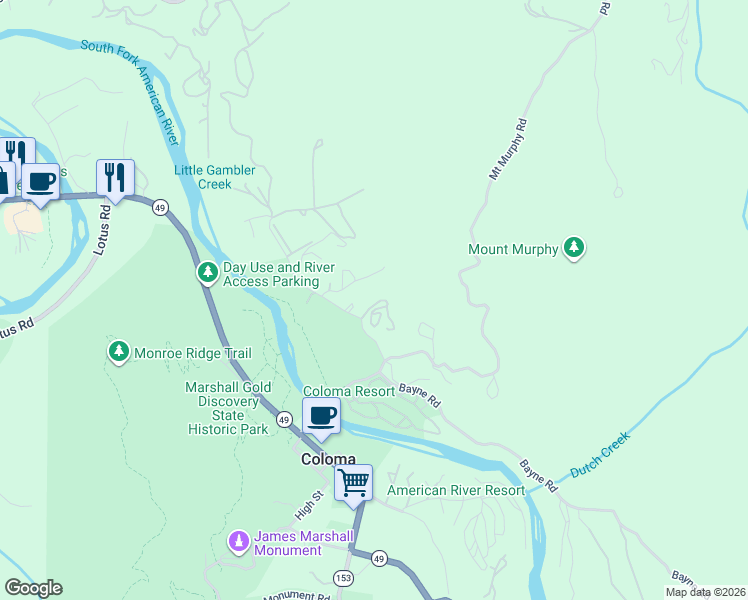 map of restaurants, bars, coffee shops, grocery stores, and more near 6791 Carvers Road in Placerville