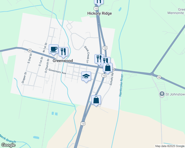 map of restaurants, bars, coffee shops, grocery stores, and more near 405 Governors Avenue in Greenwood