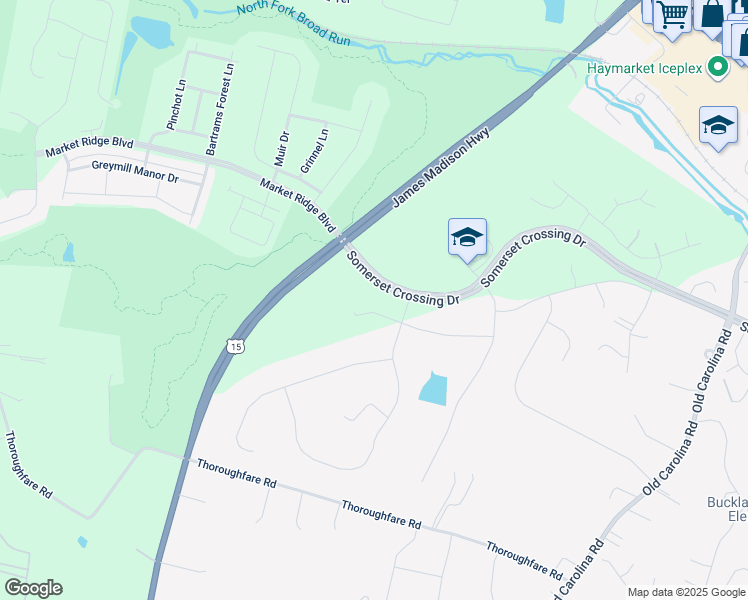 map of restaurants, bars, coffee shops, grocery stores, and more near 15552 Cloverland Lane in Prince William County