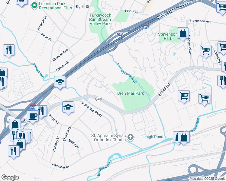 map of restaurants, bars, coffee shops, grocery stores, and more near 5421 Summer Leaf Lane in Alexandria