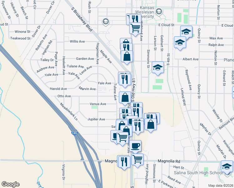 map of restaurants, bars, coffee shops, grocery stores, and more near 2105 Tulane Avenue in Salina
