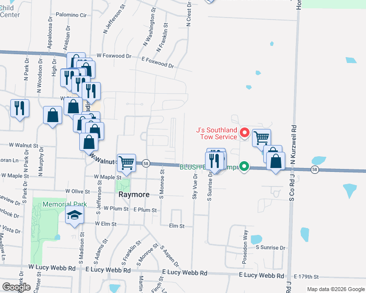 map of restaurants, bars, coffee shops, grocery stores, and more near 118 North Crest Drive in Raymore