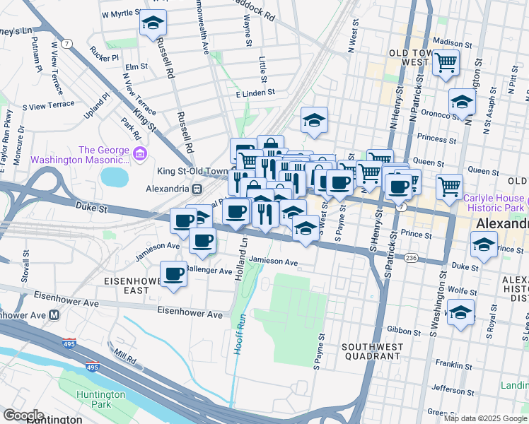 map of restaurants, bars, coffee shops, grocery stores, and more near 1620 Prince Street in Alexandria