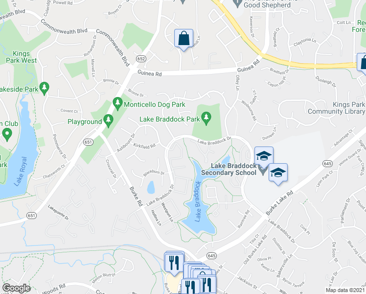 map of restaurants, bars, coffee shops, grocery stores, and more near 5416 Lighthouse Lane in Burke