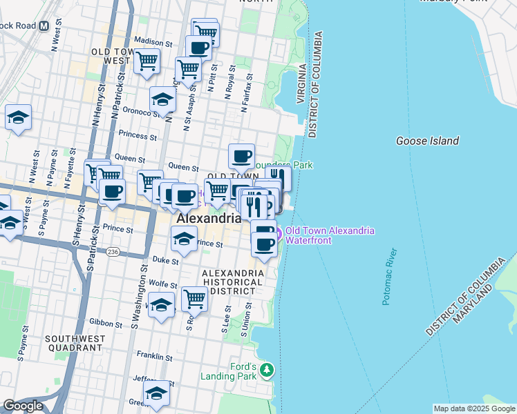 map of restaurants, bars, coffee shops, grocery stores, and more near 220 South Union Street in Alexandria
