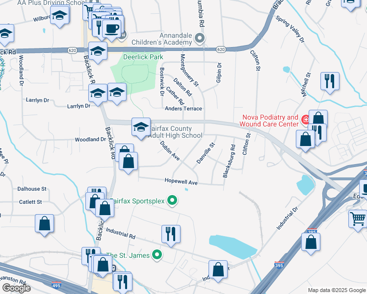 map of restaurants, bars, coffee shops, grocery stores, and more near 6731 Front Royal Road in Springfield