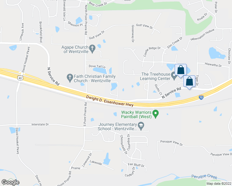 map of restaurants, bars, coffee shops, grocery stores, and more near 104 Langtree Drive in Wentzville