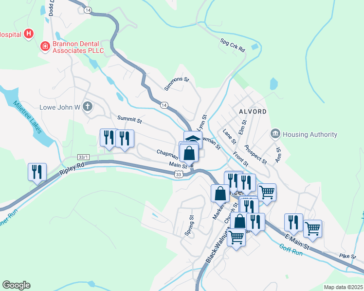 map of restaurants, bars, coffee shops, grocery stores, and more near 100-104 Summit Street in Spencer