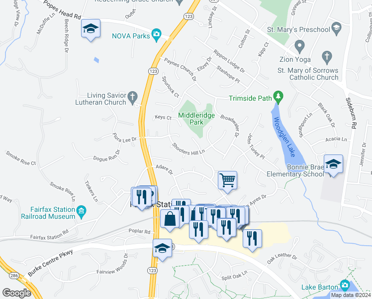 map of restaurants, bars, coffee shops, grocery stores, and more near 5534 Shooters Hill Lane in Fairfax