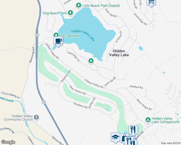 map of restaurants, bars, coffee shops, grocery stores, and more near 18747 Lakeridge Circle in Hidden Valley Lake