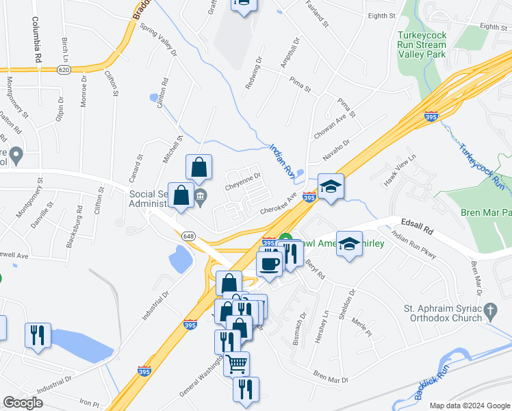 map of restaurants, bars, coffee shops, grocery stores, and more near 5370 Chieftain Circle in Alexandria