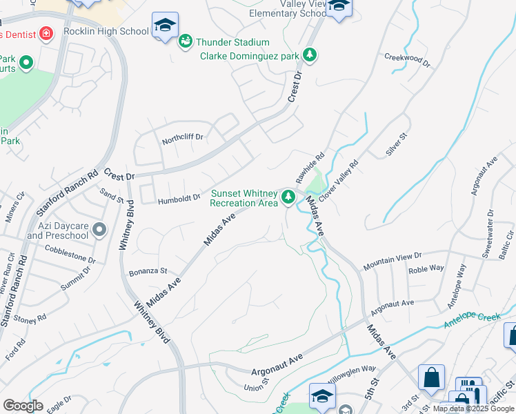 map of restaurants, bars, coffee shops, grocery stores, and more near 4295 Midas Avenue in Rocklin