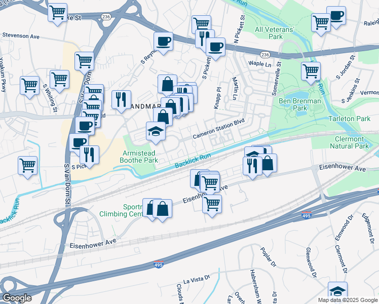 map of restaurants, bars, coffee shops, grocery stores, and more near 5229 Tancreti Lane in Alexandria