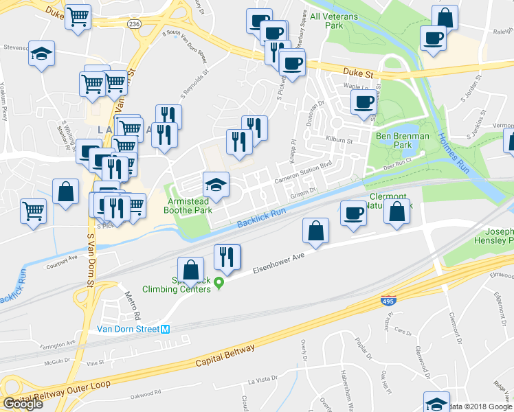 map of restaurants, bars, coffee shops, grocery stores, and more near 5229 Tancreti Lane in Alexandria