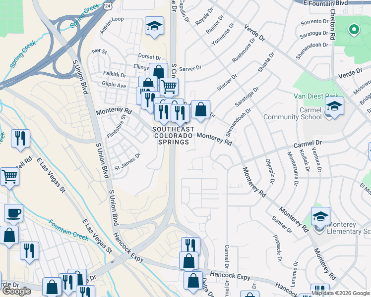 map of restaurants, bars, coffee shops, grocery stores, and more near 2002 Legacy Ridge View in Colorado Springs