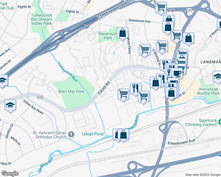 map of restaurants, bars, coffee shops, grocery stores, and more near 6270 Edsall Road in Alexandria