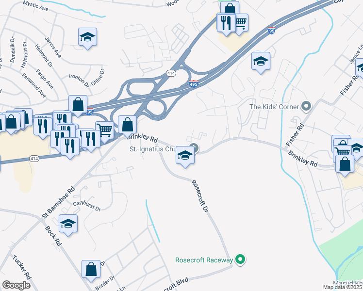 map of restaurants, bars, coffee shops, grocery stores, and more near 2306 Brinkley Road in Fort Washington