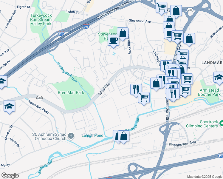 map of restaurants, bars, coffee shops, grocery stores, and more near 6270 Edsall Road in Alexandria