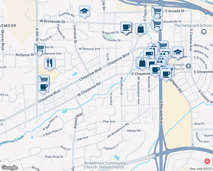 map of restaurants, bars, coffee shops, grocery stores, and more near 145 West Cheyenne Road in Colorado Springs