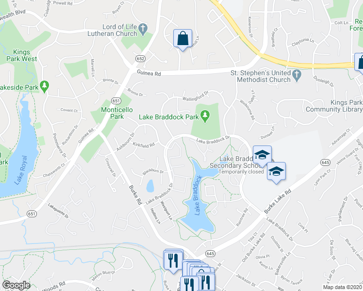 map of restaurants, bars, coffee shops, grocery stores, and more near 5414 Lighthouse Lane in Burke