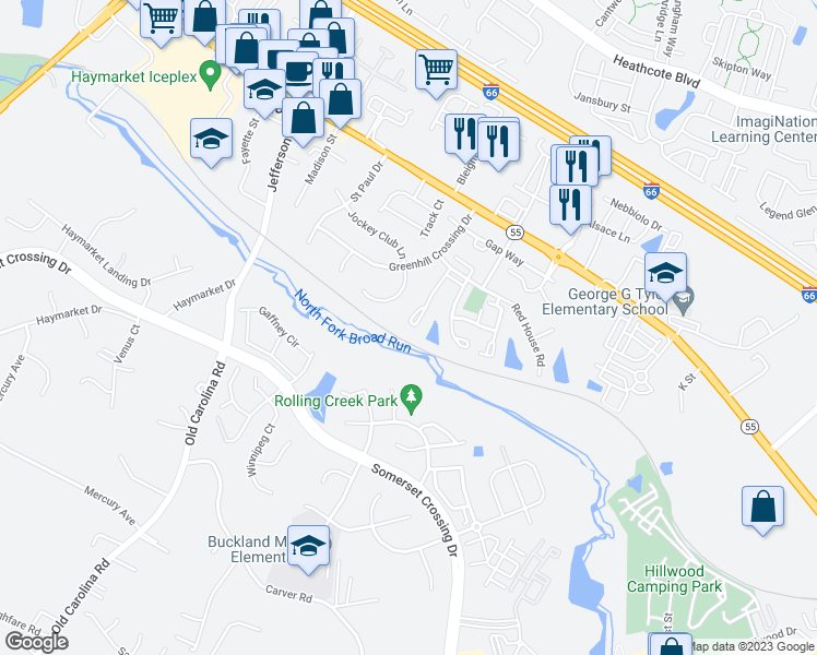 map of restaurants, bars, coffee shops, grocery stores, and more near 7027 Manahoac Place in Gainesville