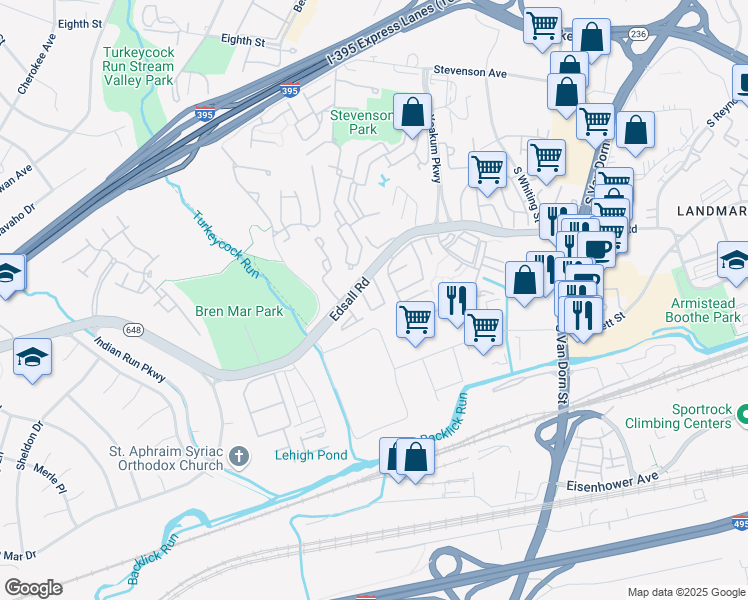 map of restaurants, bars, coffee shops, grocery stores, and more near 6270 Edsall Road in Lincolnia