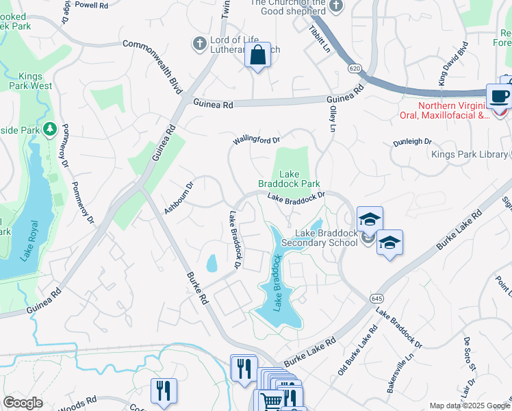 map of restaurants, bars, coffee shops, grocery stores, and more near 5414 Lighthouse Lane in Burke