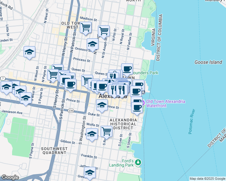 map of restaurants, bars, coffee shops, grocery stores, and more near 128 North Royal Street in Alexandria