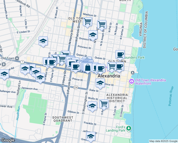 map of restaurants, bars, coffee shops, grocery stores, and more near 701 King Street in Alexandria