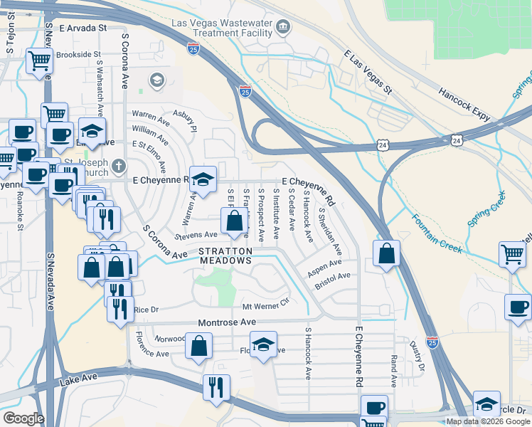 map of restaurants, bars, coffee shops, grocery stores, and more near 1922 South Prospect Avenue in Colorado Springs