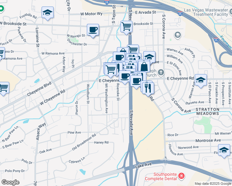 map of restaurants, bars, coffee shops, grocery stores, and more near 1942 1/2 Roanoke Street in Colorado Springs