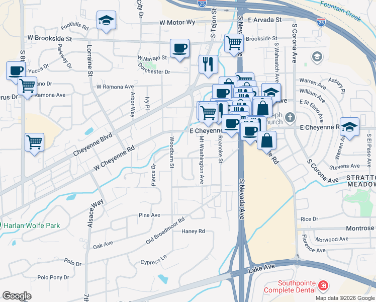 map of restaurants, bars, coffee shops, grocery stores, and more near 8 Terrace Drive in Colorado Springs