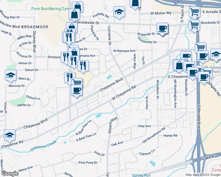 map of restaurants, bars, coffee shops, grocery stores, and more near 1812 Fenmoor Place in Colorado Springs