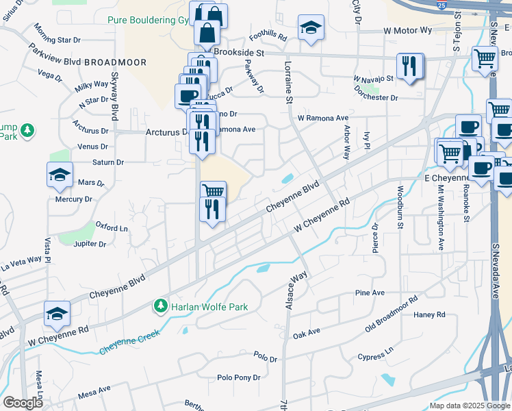 map of restaurants, bars, coffee shops, grocery stores, and more near 423 Cheyenne Boulevard in Colorado Springs