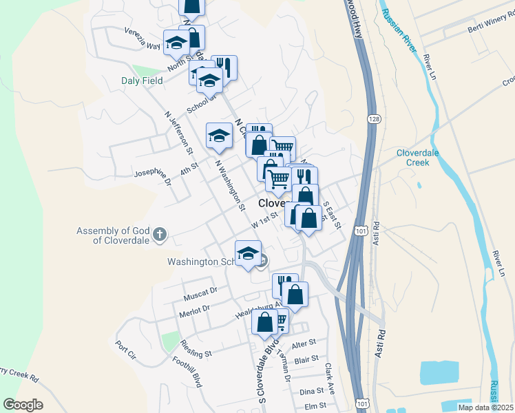 map of restaurants, bars, coffee shops, grocery stores, and more near 120 North Washington Street in Cloverdale