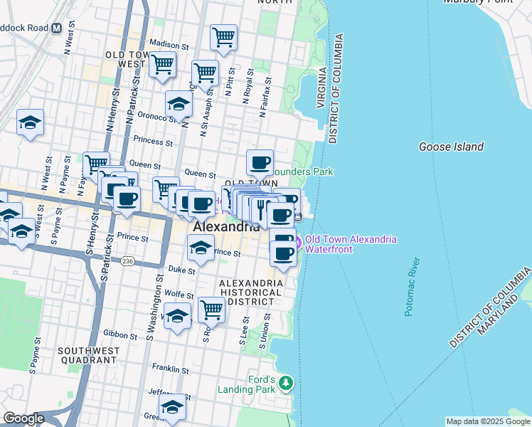 map of restaurants, bars, coffee shops, grocery stores, and more near 125 North Lee Street in Alexandria