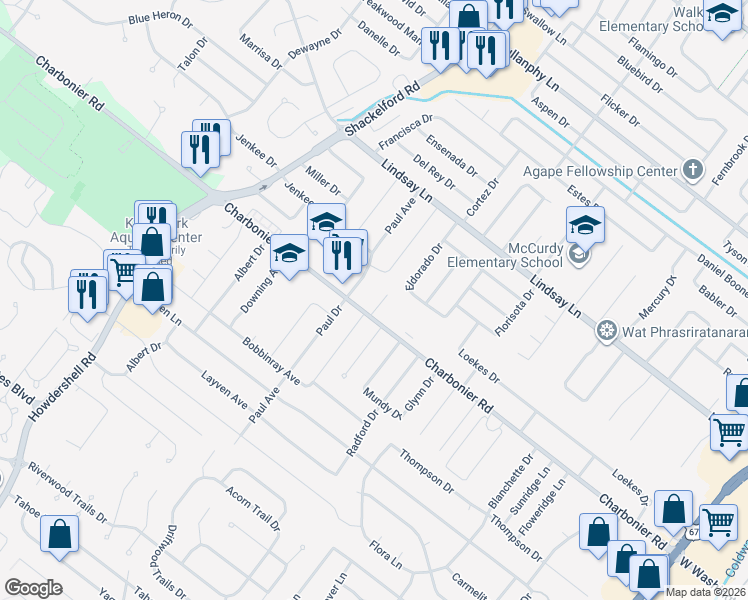map of restaurants, bars, coffee shops, grocery stores, and more near 501 Paul Avenue in Florissant
