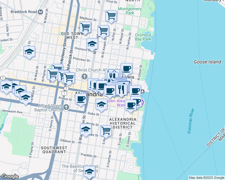 map of restaurants, bars, coffee shops, grocery stores, and more near 128 North Royal Street in Alexandria
