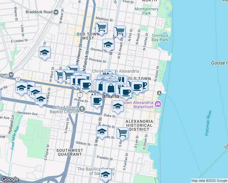 map of restaurants, bars, coffee shops, grocery stores, and more near 515 King Street in Alexandria