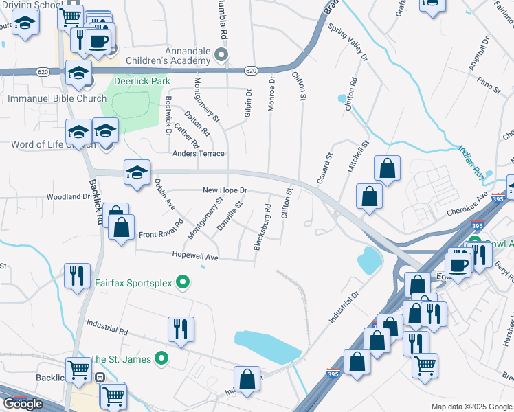 map of restaurants, bars, coffee shops, grocery stores, and more near 5401 Charlottesville Road in Springfield