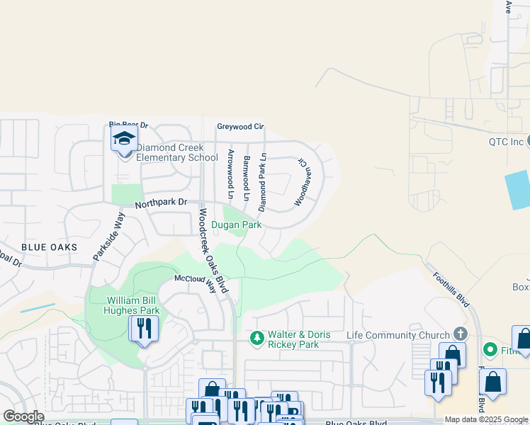 map of restaurants, bars, coffee shops, grocery stores, and more near 1500 Woodhaven Circle in Roseville