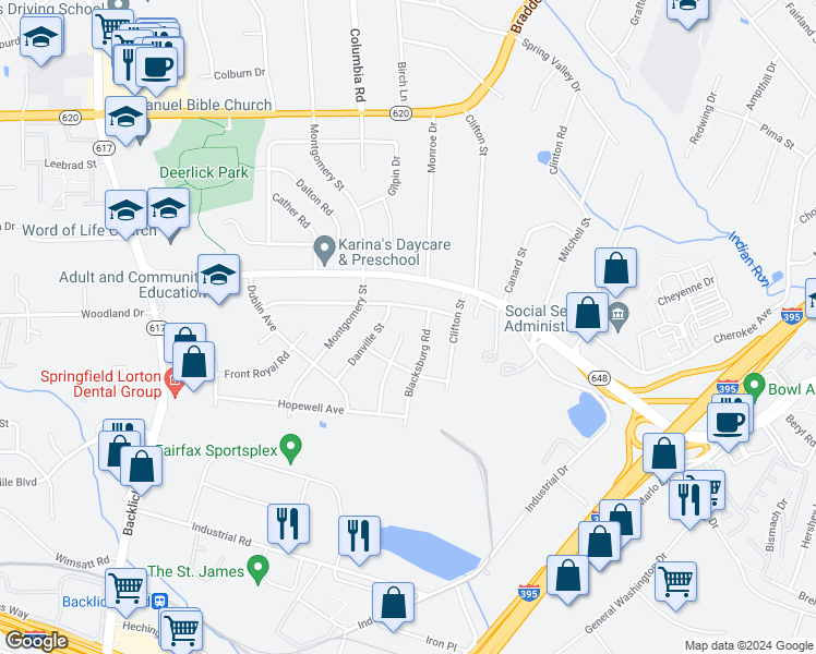 map of restaurants, bars, coffee shops, grocery stores, and more near 5401 Charlottesville Road in Springfield
