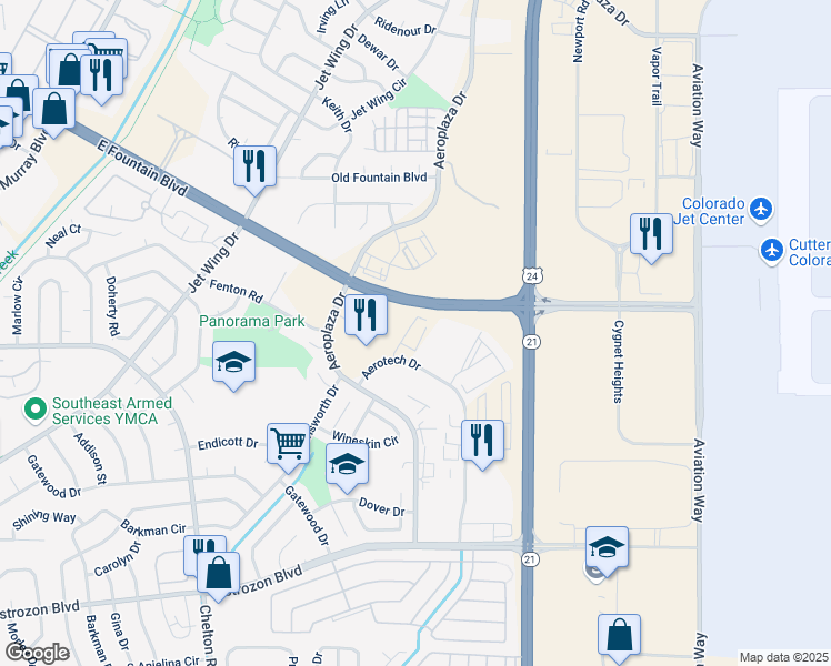 map of restaurants, bars, coffee shops, grocery stores, and more near 1913 Aerotech Drive in Colorado Springs