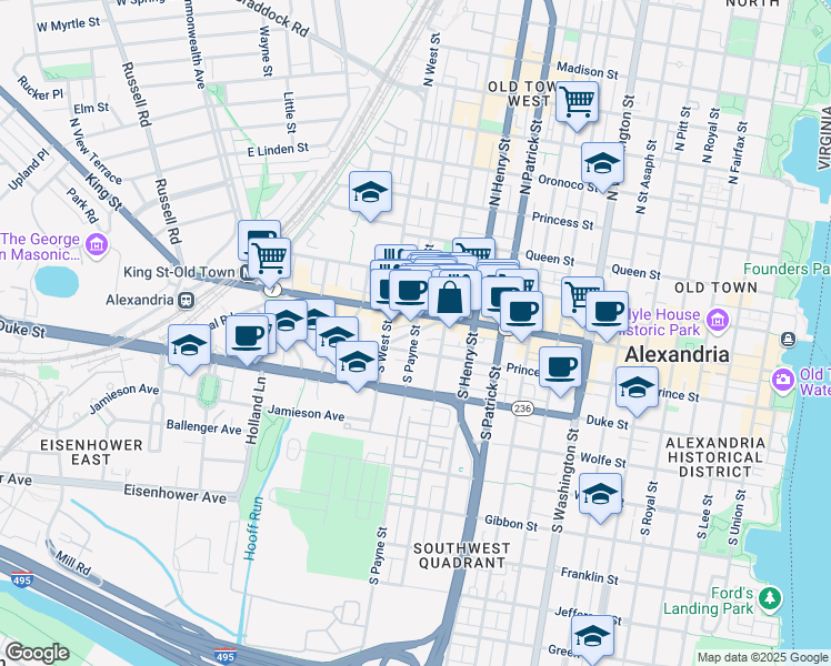 map of restaurants, bars, coffee shops, grocery stores, and more near 122 South Payne Street in Alexandria