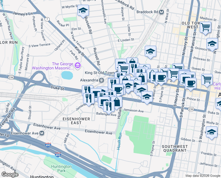 map of restaurants, bars, coffee shops, grocery stores, and more near 1900 Diagonal Road in Alexandria
