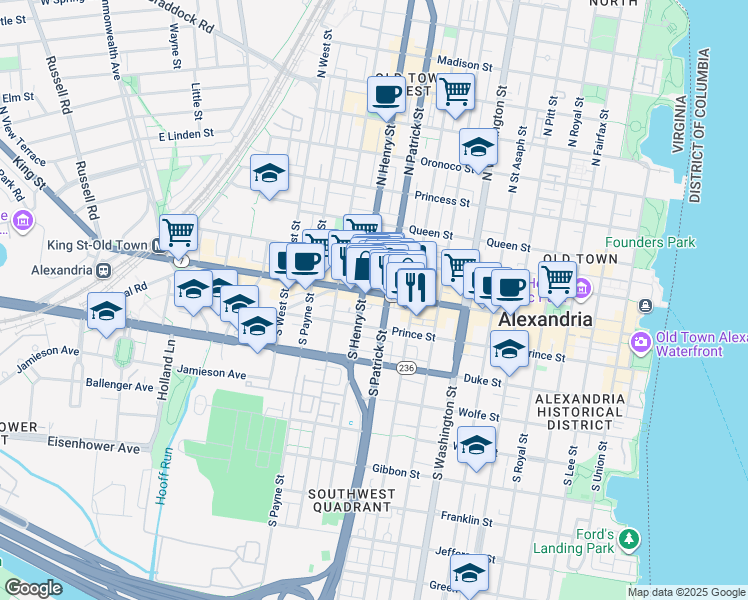 map of restaurants, bars, coffee shops, grocery stores, and more near 1012 King Street in Alexandria