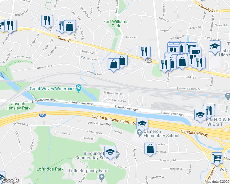 map of restaurants, bars, coffee shops, grocery stores, and more near 3825 Watkins Mill Drive in Alexandria
