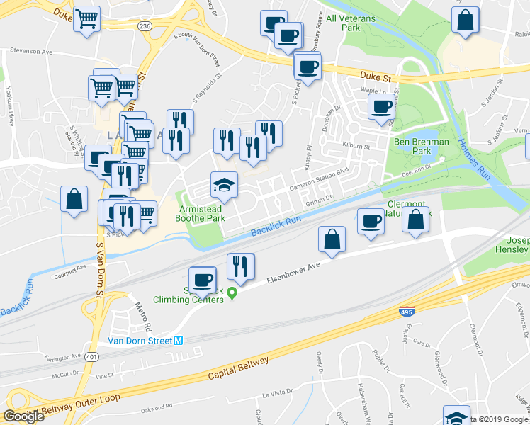 map of restaurants, bars, coffee shops, grocery stores, and more near 5236 Tancreti Lane in Alexandria