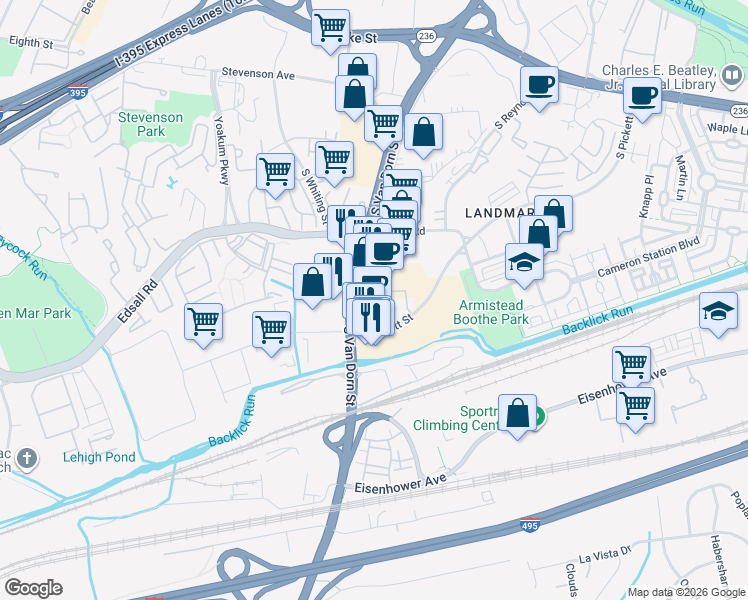 map of restaurants, bars, coffee shops, grocery stores, and more near 5757 Dow Avenue in Alexandria